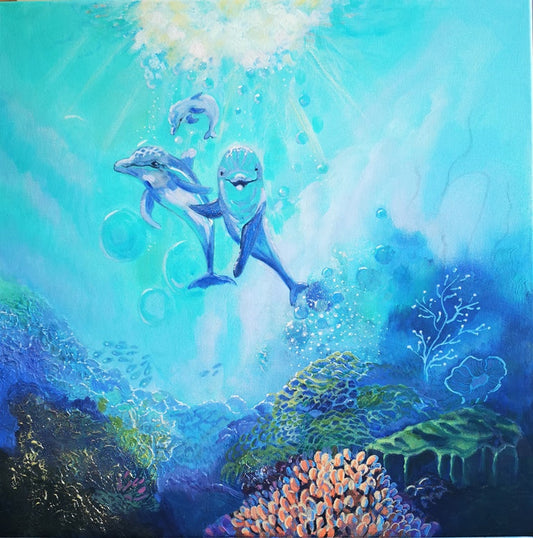 Play Date — original mixed media dolphin painting by Tasmanian artist Jeanette Cocker