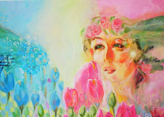 Colorful painting of a woman with flowers in her hair surrounded by flowers and butterflies.