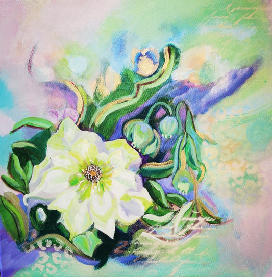 Colorful painting of a white flower with green leaves on a pastel background